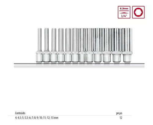 Jogo de soquete 1/4″ sextavados longos – 12pçs Gedore